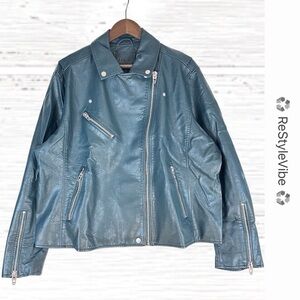 BLANK NYC Women’s Size 2X Jacket Coat Faux Vegan Leather Lined Green Zipper Moto